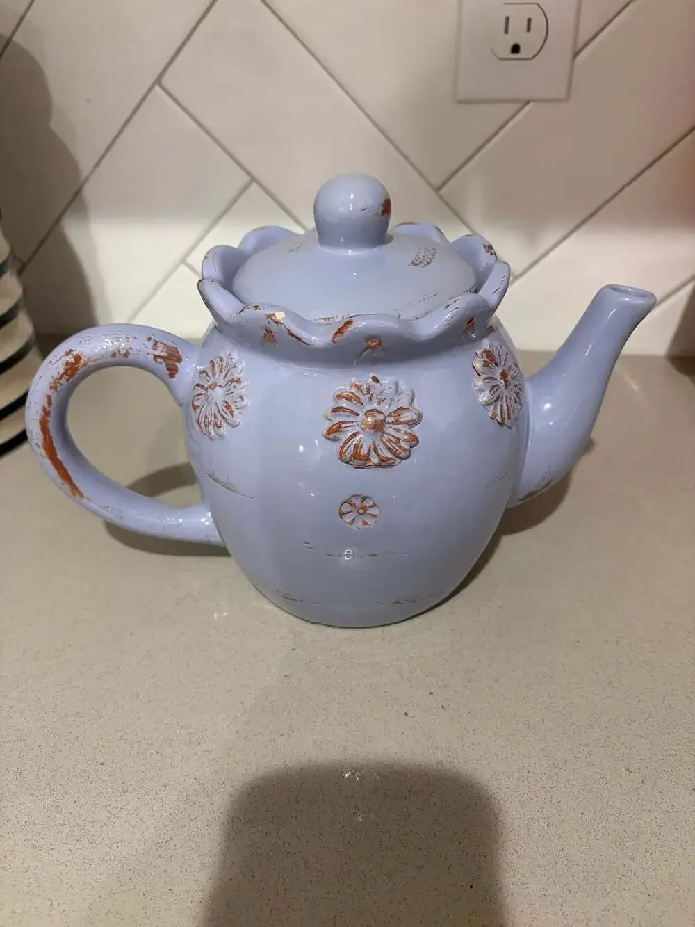 Countryside Ceramic Teapot with Floral Embossed Details and Distressed Finish